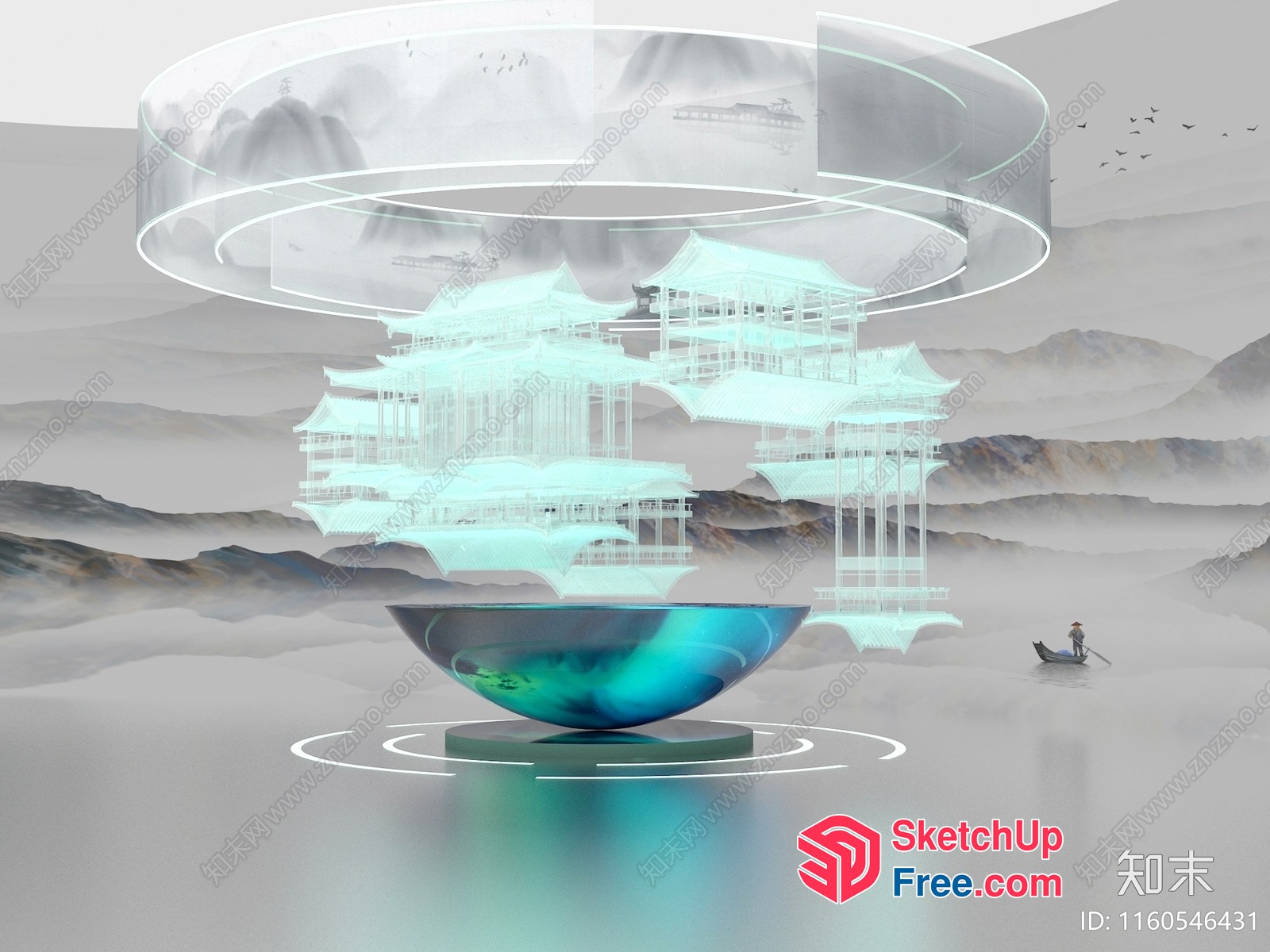 Asian Architectural Structure Above A Bowl Of Water 3D SketchUp File