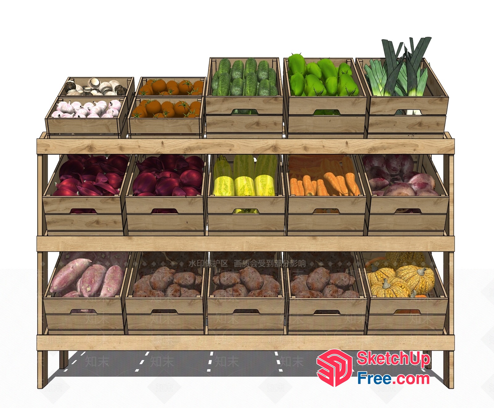Wooden Vegetable Stand With Variety Of Fresh Produce 3D SketchUp File