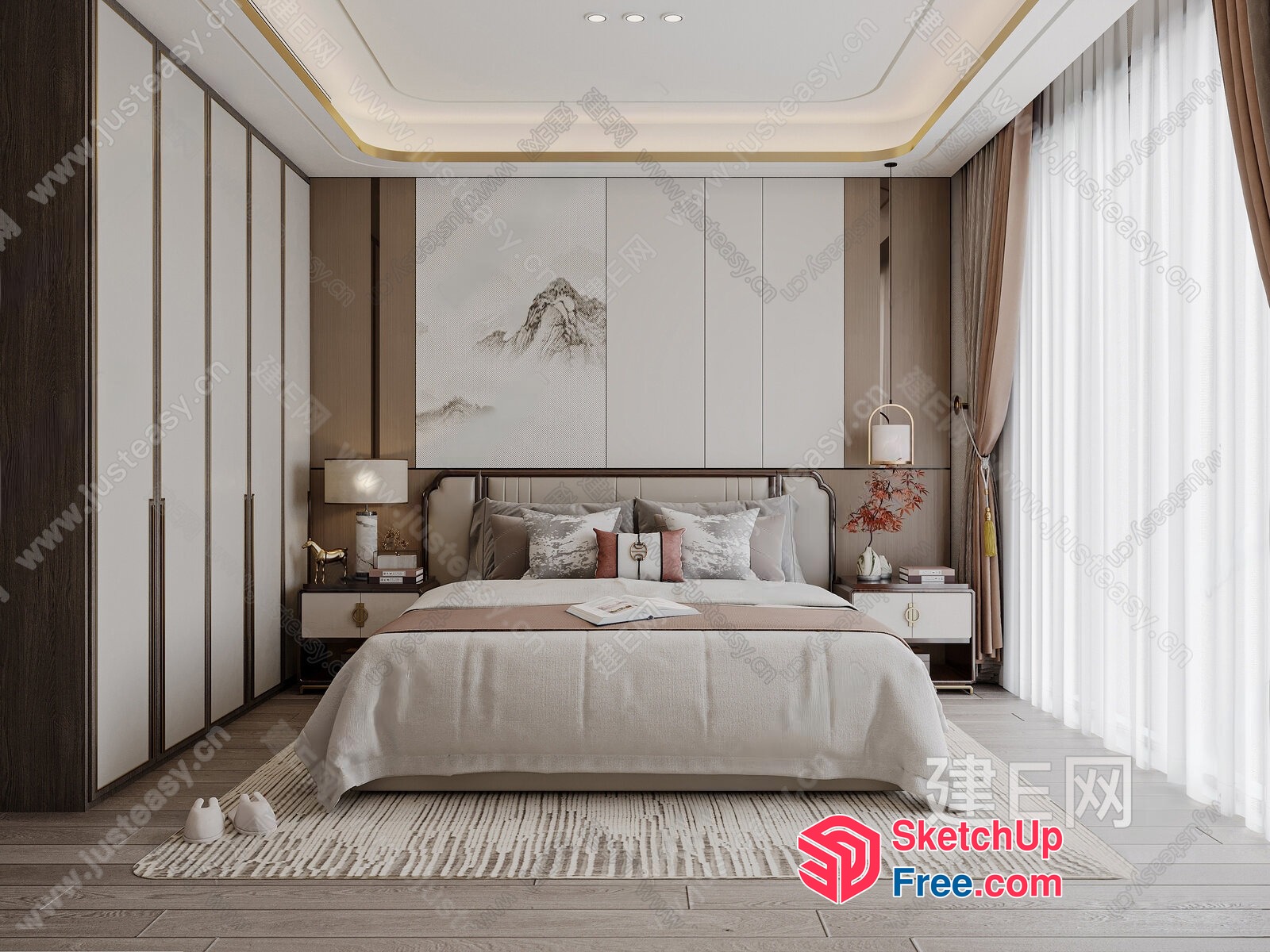 Elegant Modern Bedroom With Creamy Style Decor 3D SketchUp File