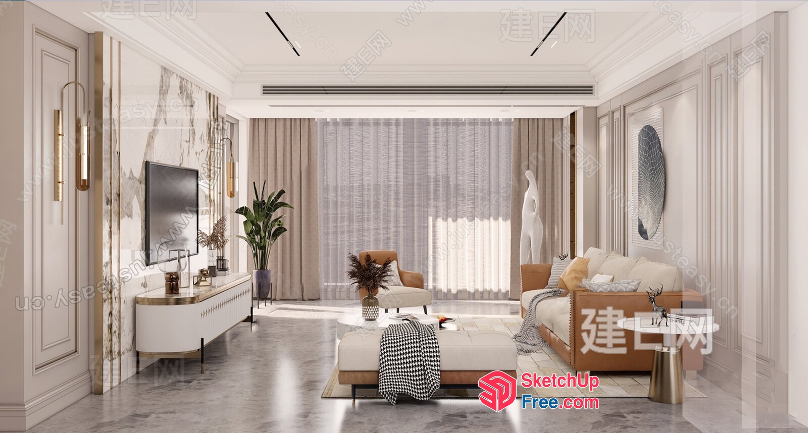 Elegant Living Room With Creamy Style Furniture 3D SketchUp File