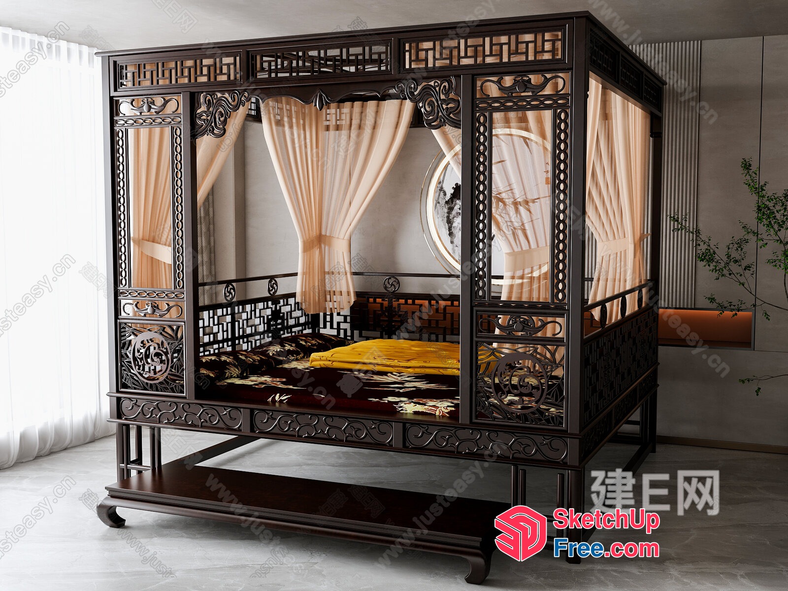 Ornate Dark Wood Four-Poster Bed With Carved Details 3D SketchUp File