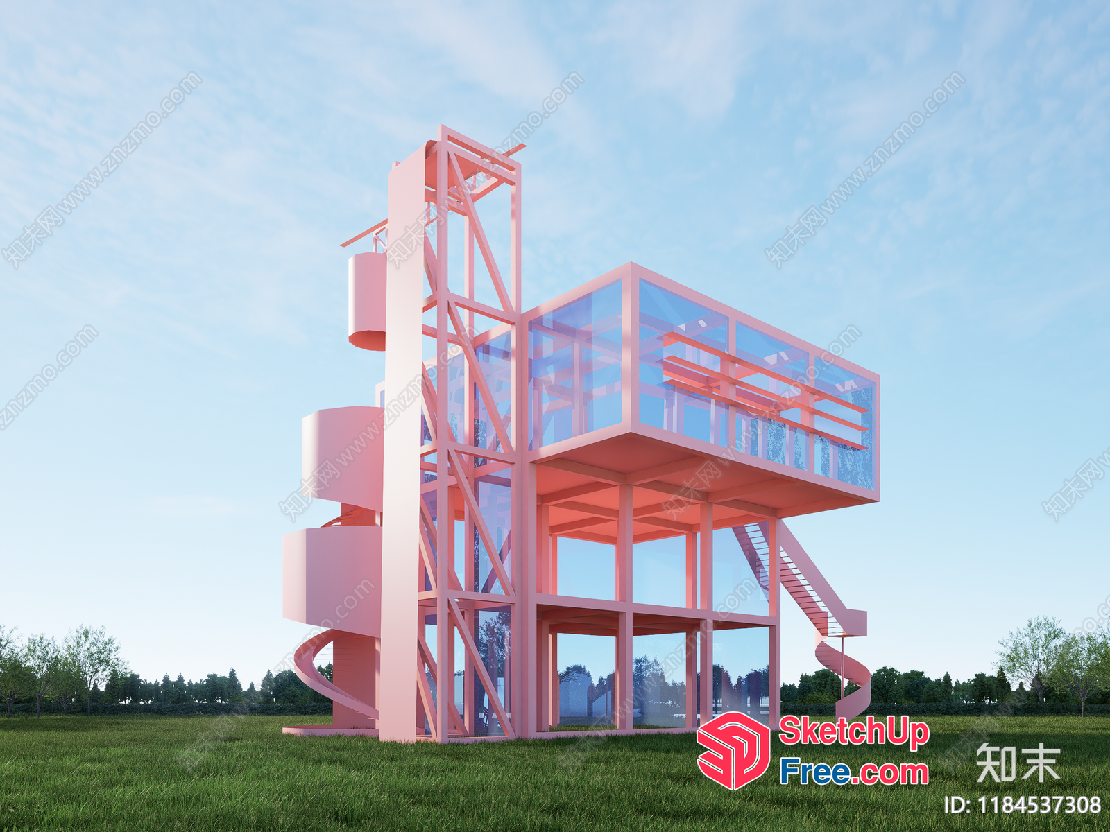 Modern Pink Glass Building With Spiral Staircase And Balcony 3D SketchUp File