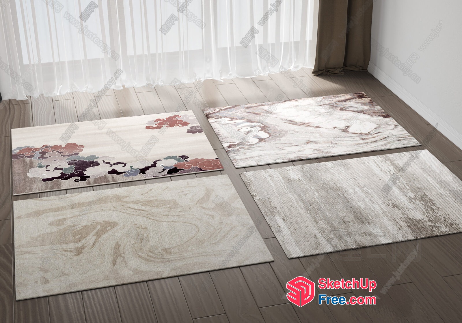 Elegant Japanese-Style Floral Rugs In Neutral Tones 3D SketchUp File