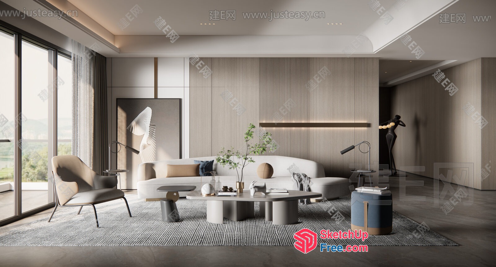 Modern Minimalist Living Room With Neutral Tones And Natural Light 3D SketchUp File