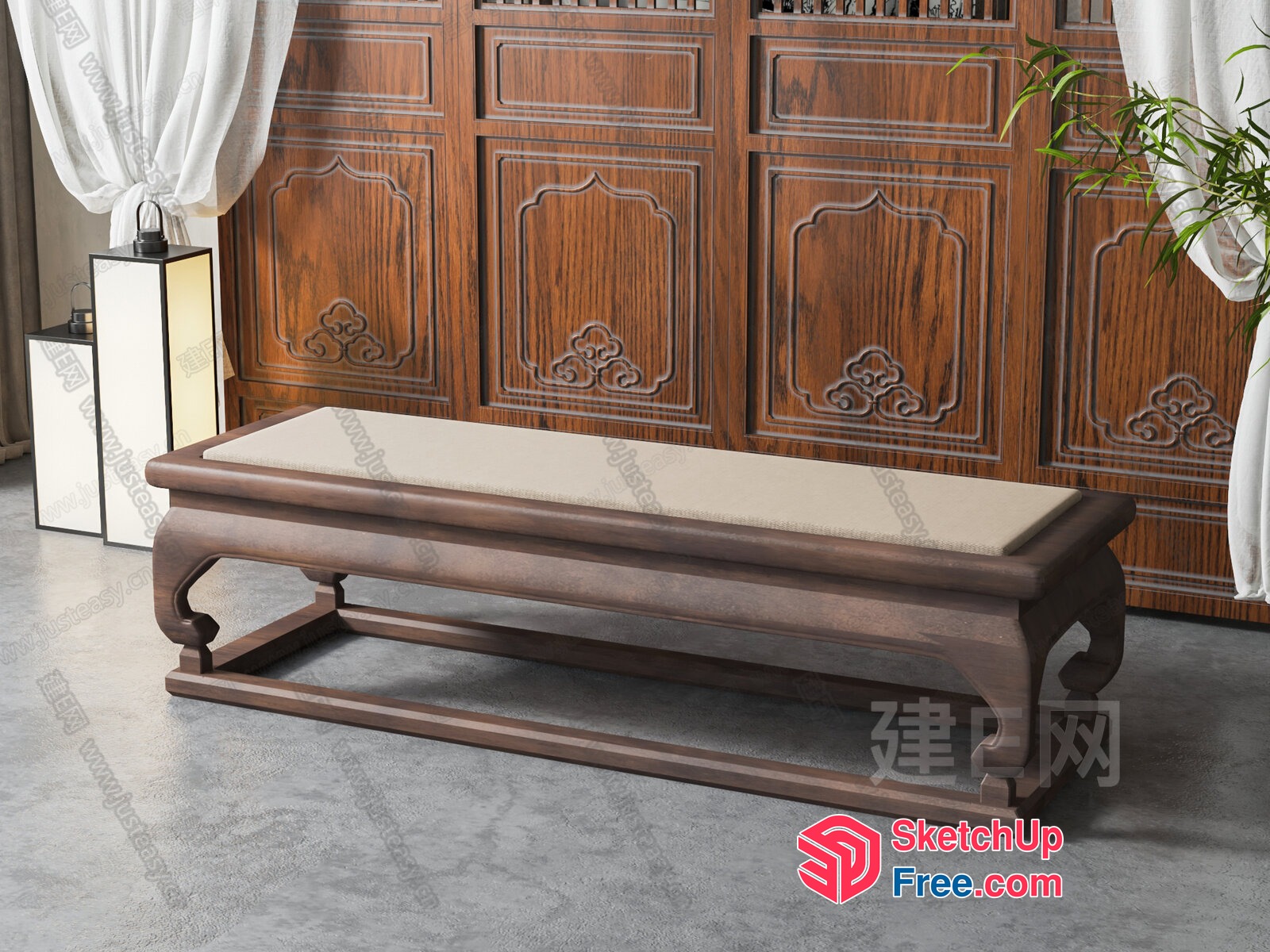 Elegant Wooden Bench With Beige Cushion 3D SketchUp File