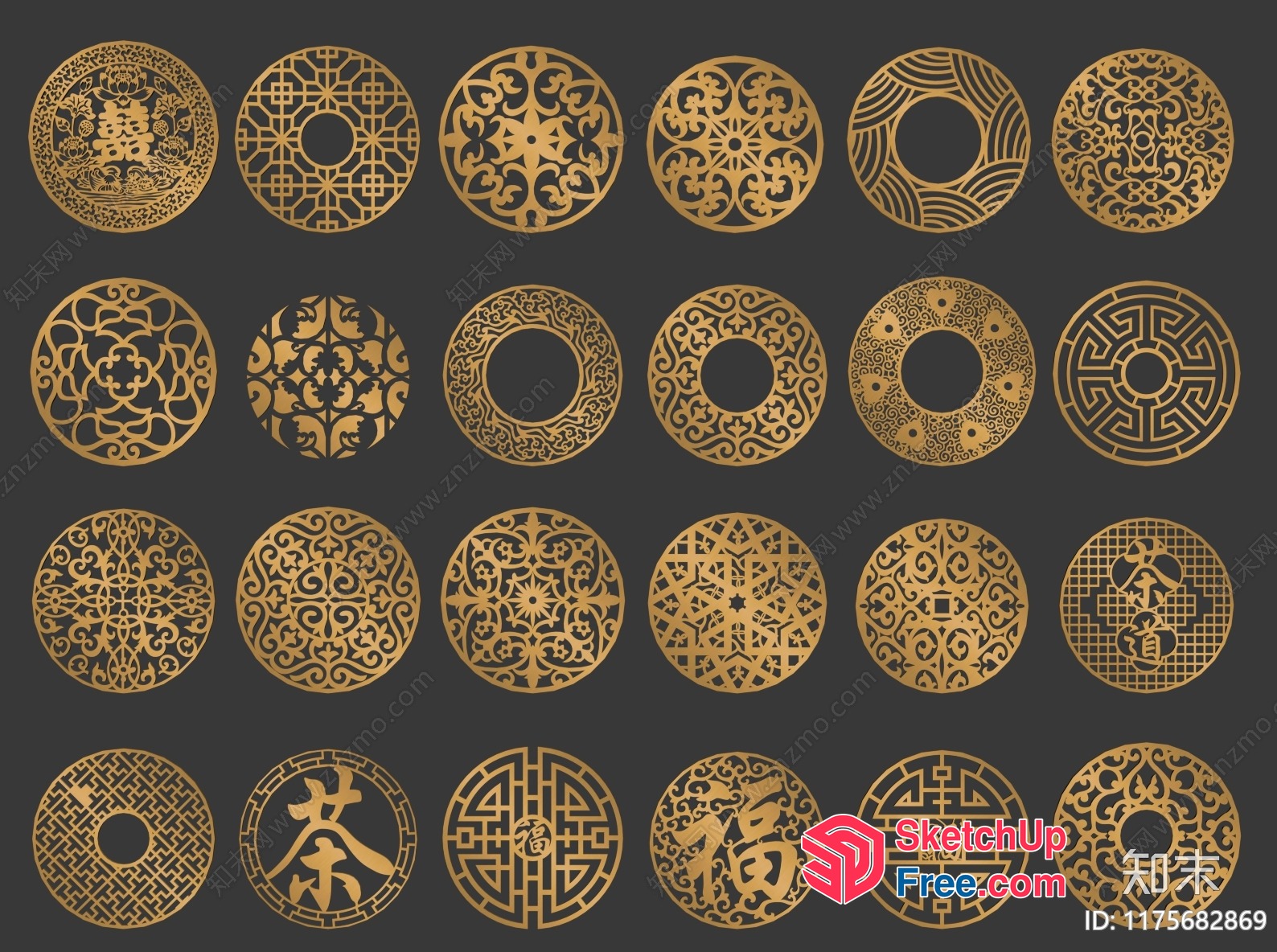 Intricate Gold Asian-Inspired Decorative Designs 3D SketchUp File