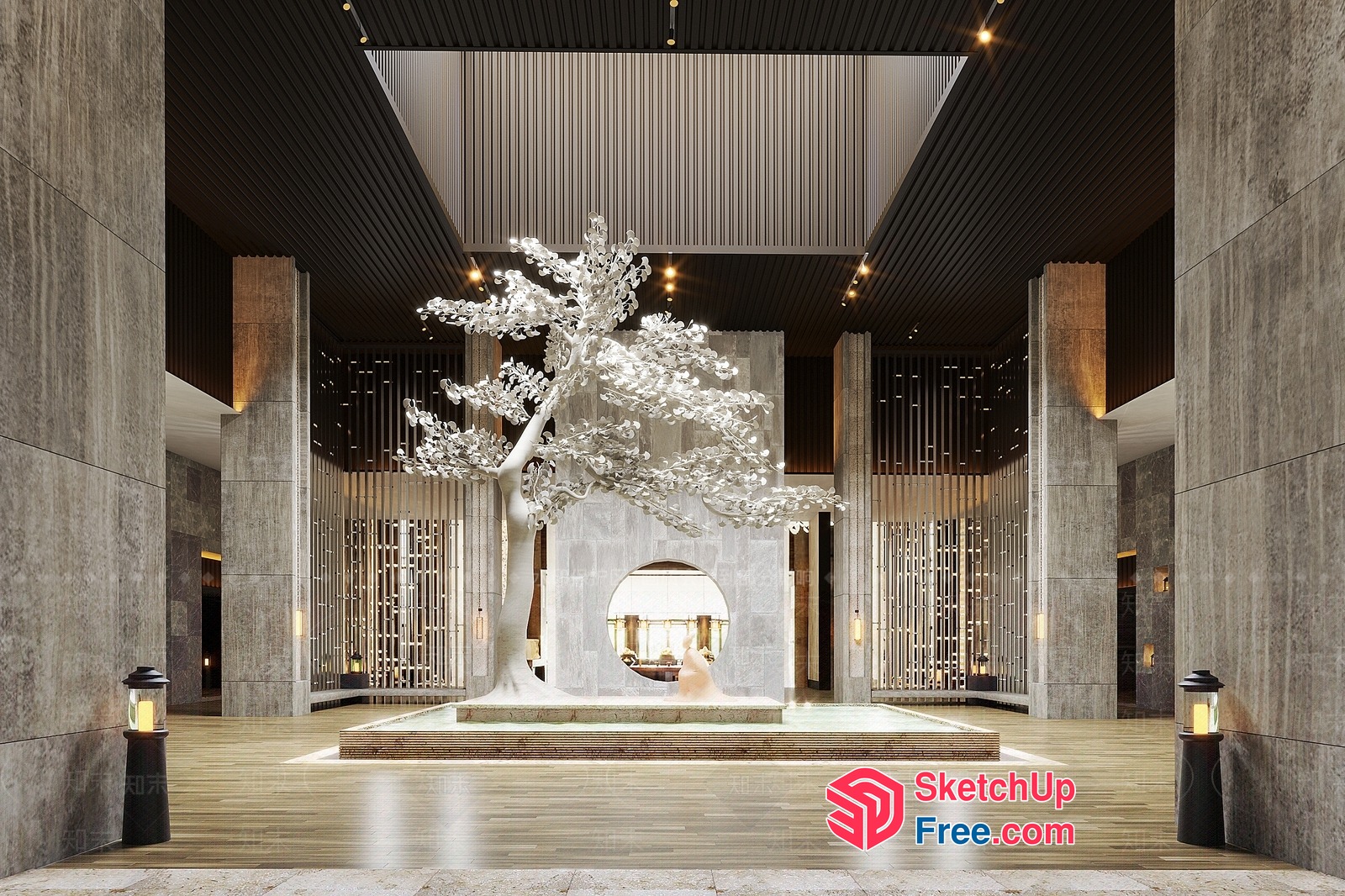 Luxurious Modern Interior With Large White Tree Sculpture 3D SketchUp File