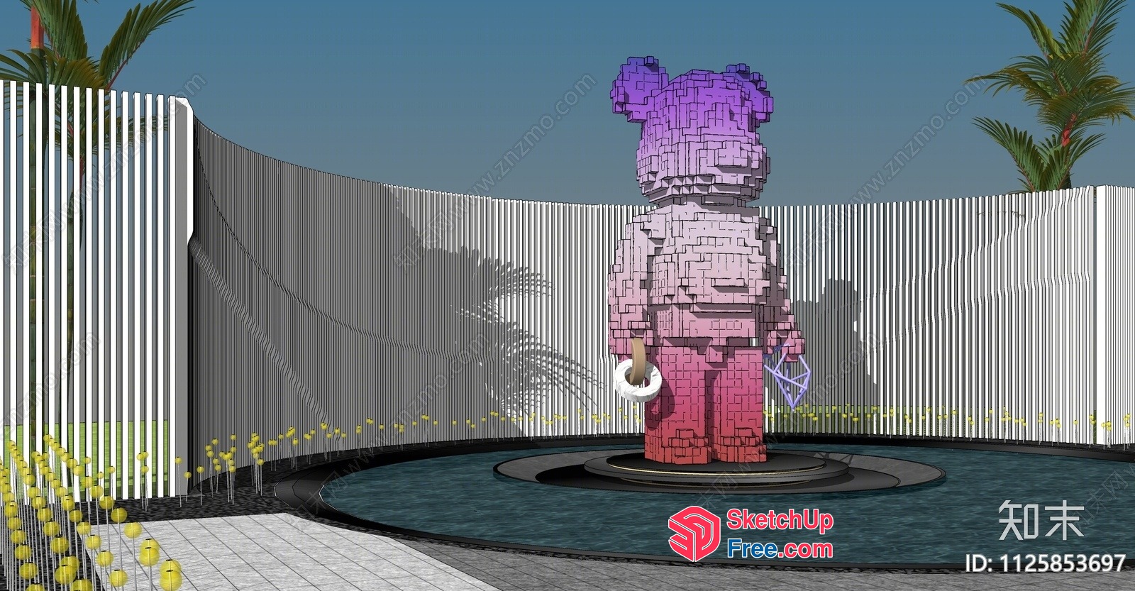 3D Pixelated Bear Statue In A Circular Pool 3D SketchUp File