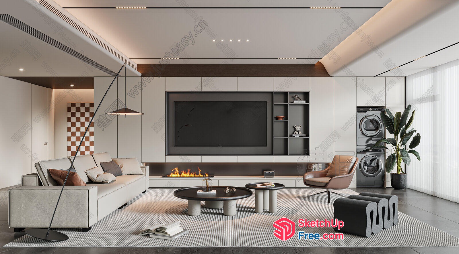 Modern Living Room With Fireplace And Tv 3D SketchUp File