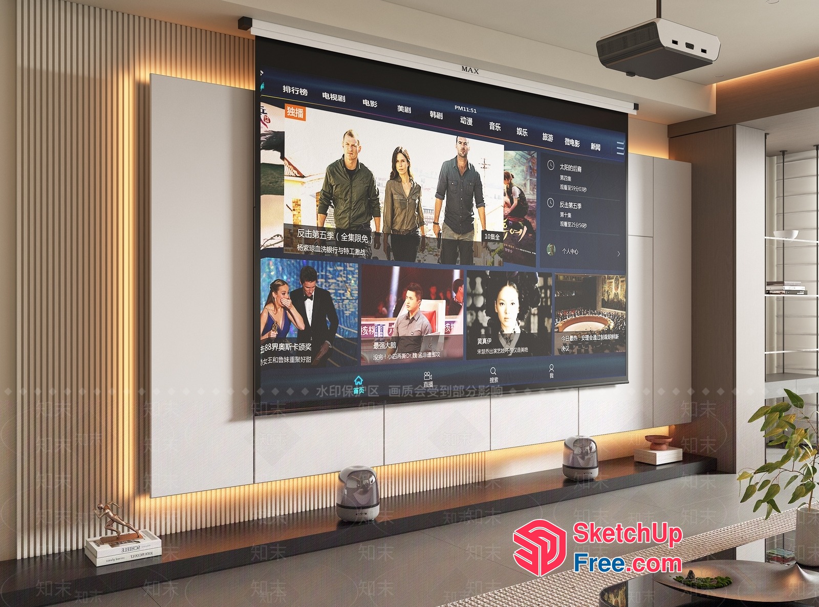 Modern Living Room Interior With Large Tv And Projector 3D SketchUp File