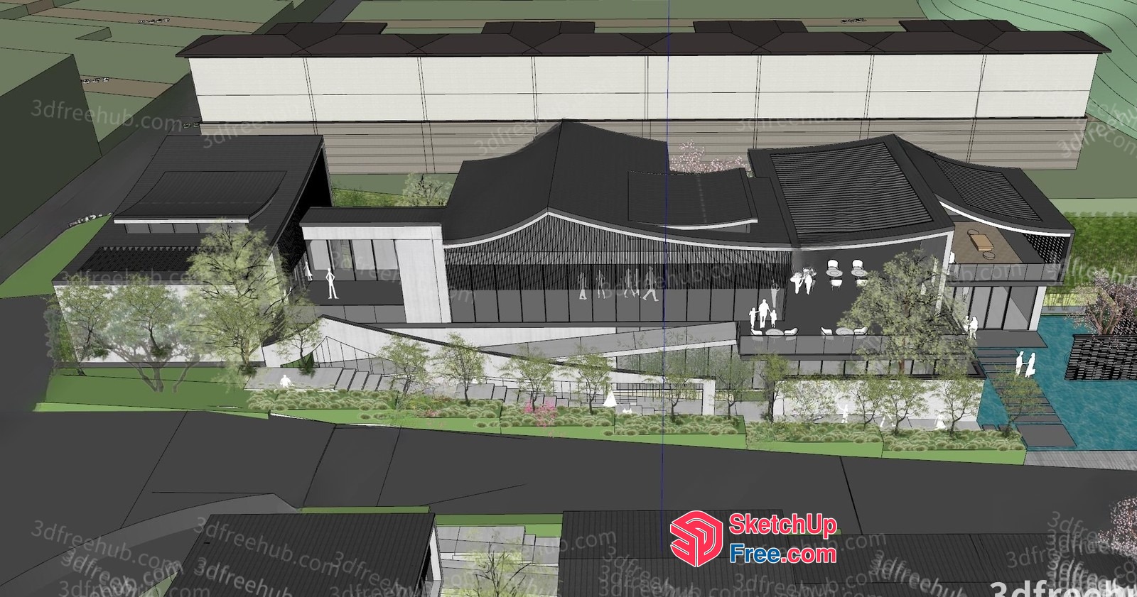 Modern Office Building With Elegant Glass Curtain Wall And Rooftop Pool 3D SketchUp File