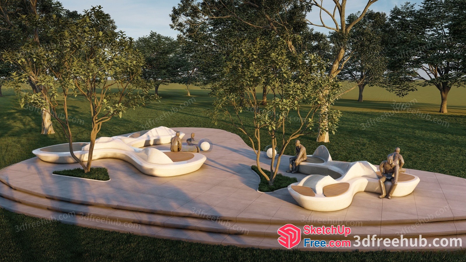 Modern Outdoor Seating Area With Curved Benches And Trees 3D SketchUp File