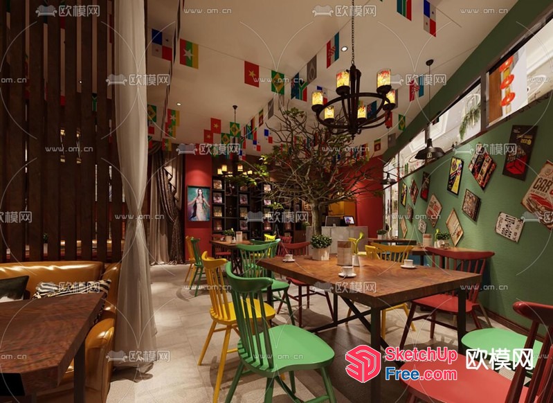 Colorful Chairs And Tables In A Stylish Restaurant 3D SketchUp File