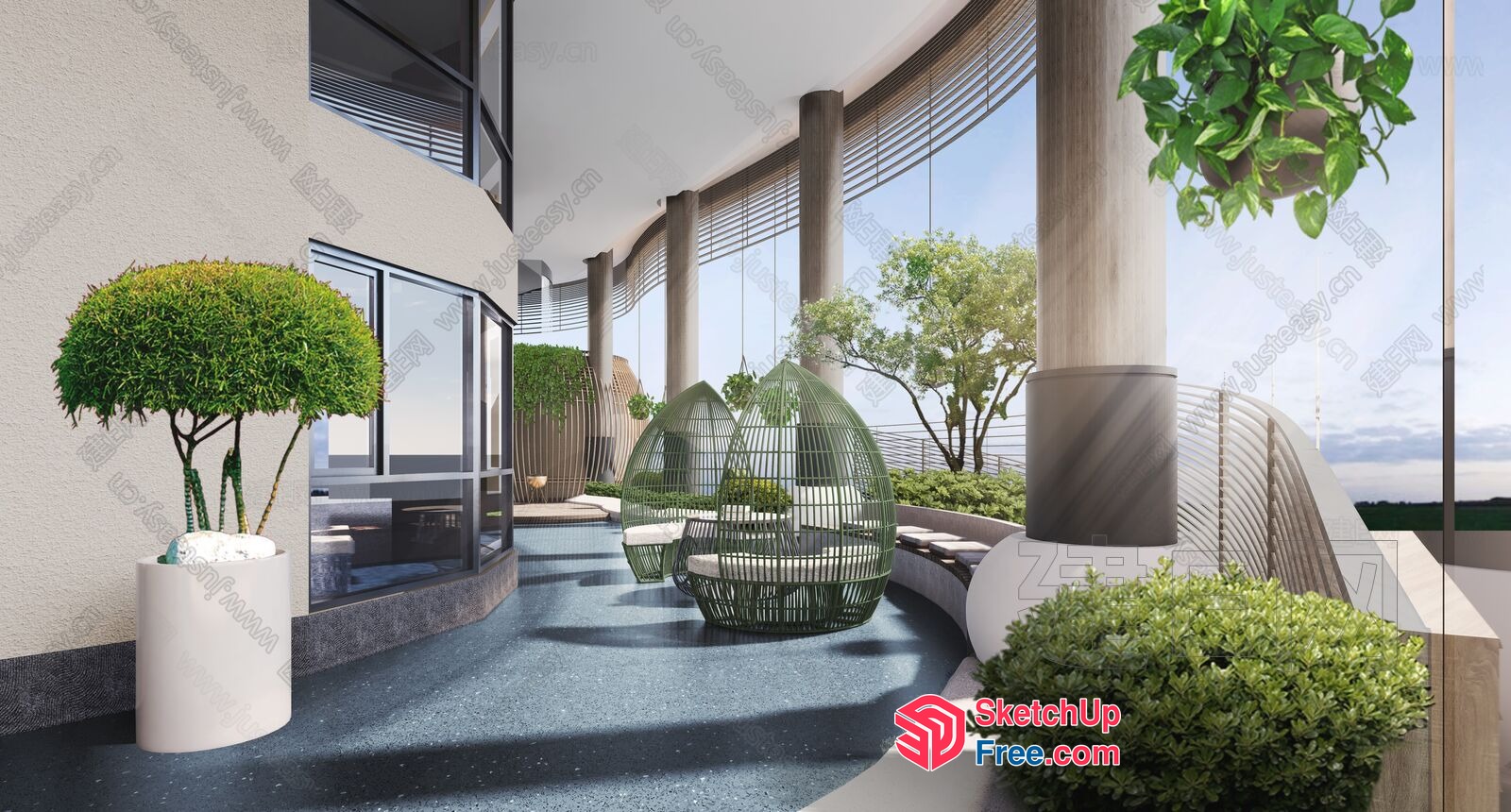 Modern Balcony With Elegant Pillars And Greenery 3D SketchUp File