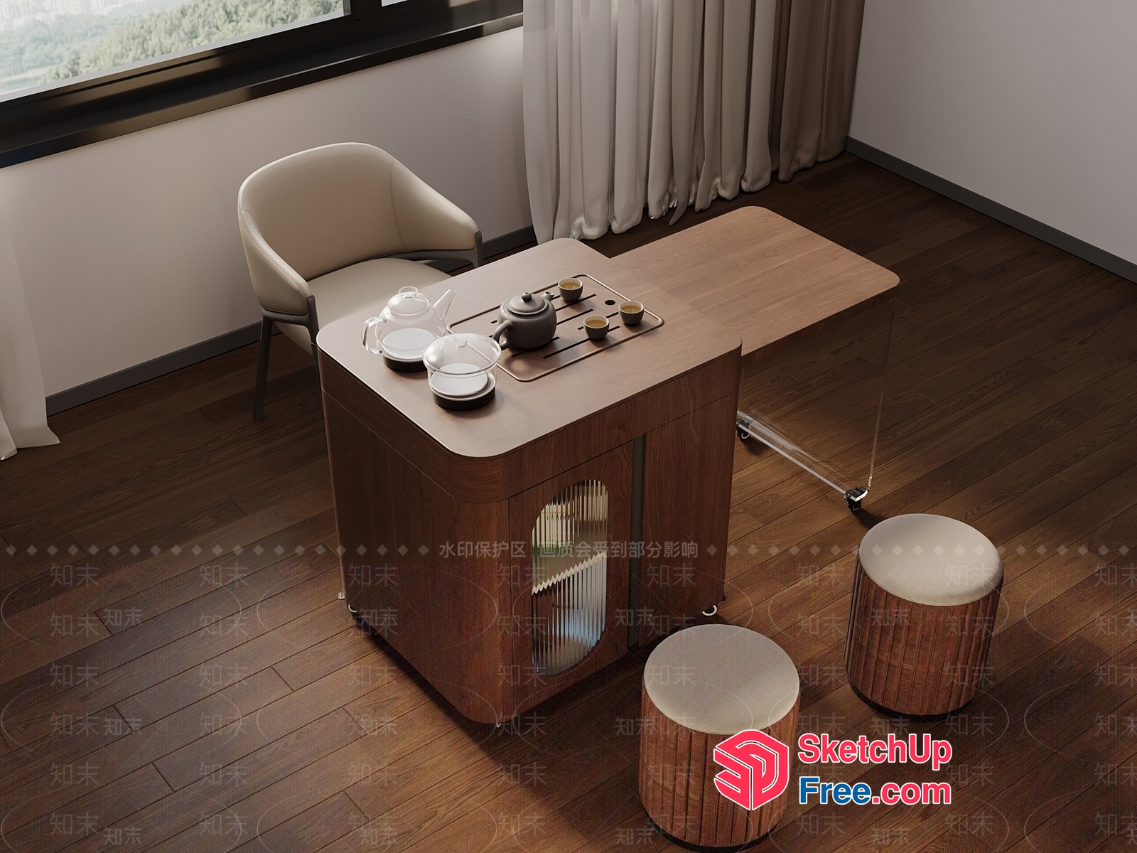 Modern Japanese Tea Table Set With Elegant Chairs 3D SketchUp File