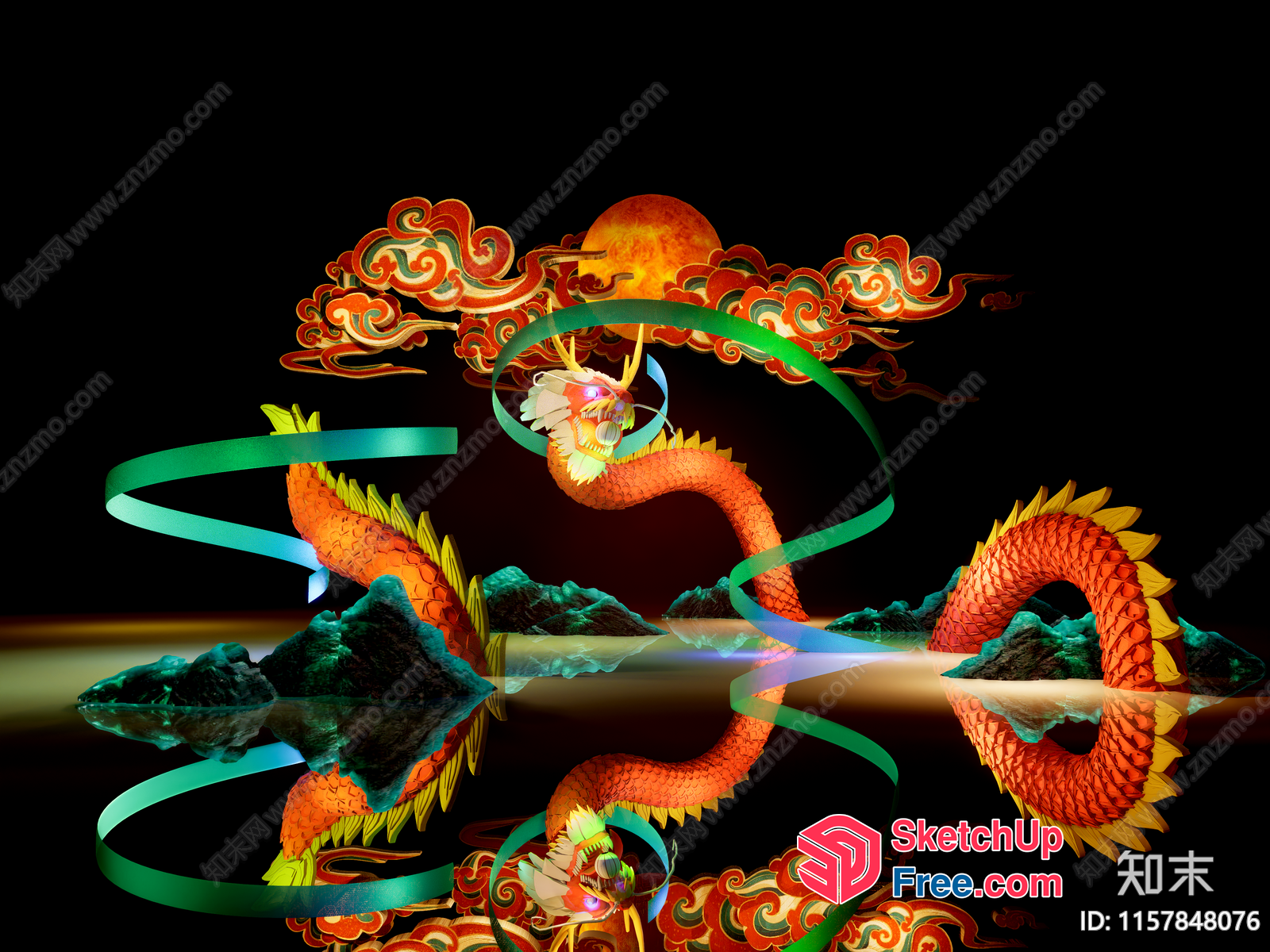 Oriental Dragon And Clouds In A Dark Room 3D SketchUp File