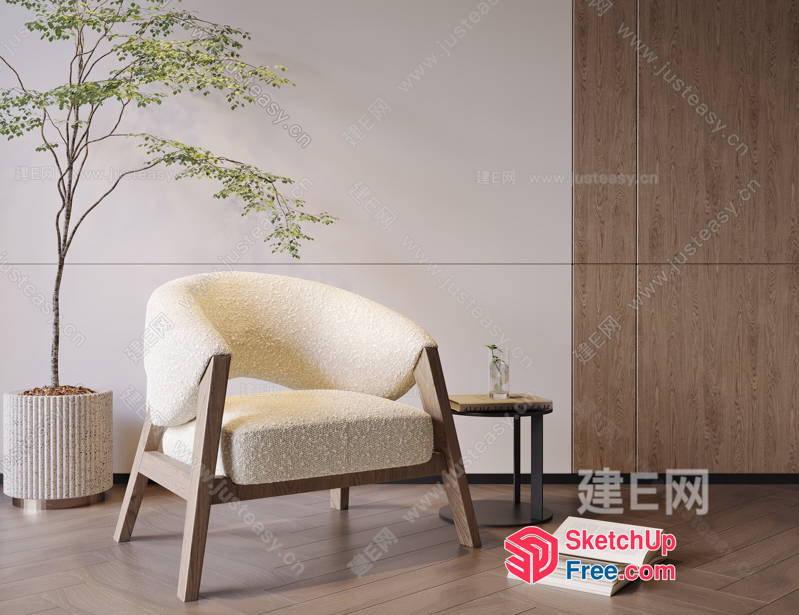 Modern Creamy Style Living Room With Elegant Chair And Plant 3D SketchUp File