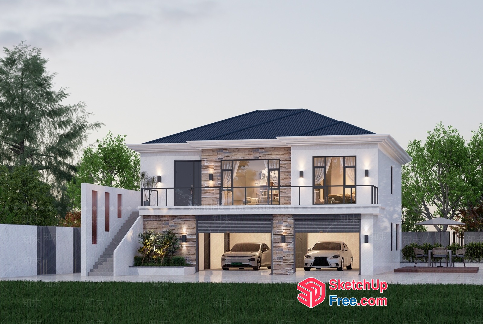 Modern Two-Story House With Garage And Staircase 3D SketchUp File