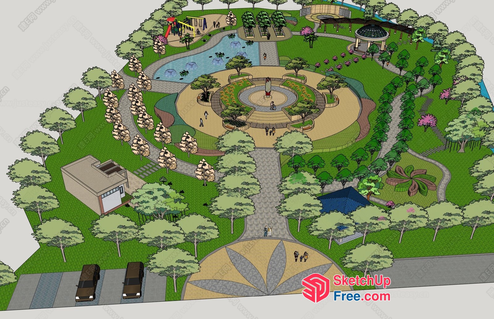 Serene Outdoor Park With Water Features 3D SketchUp File