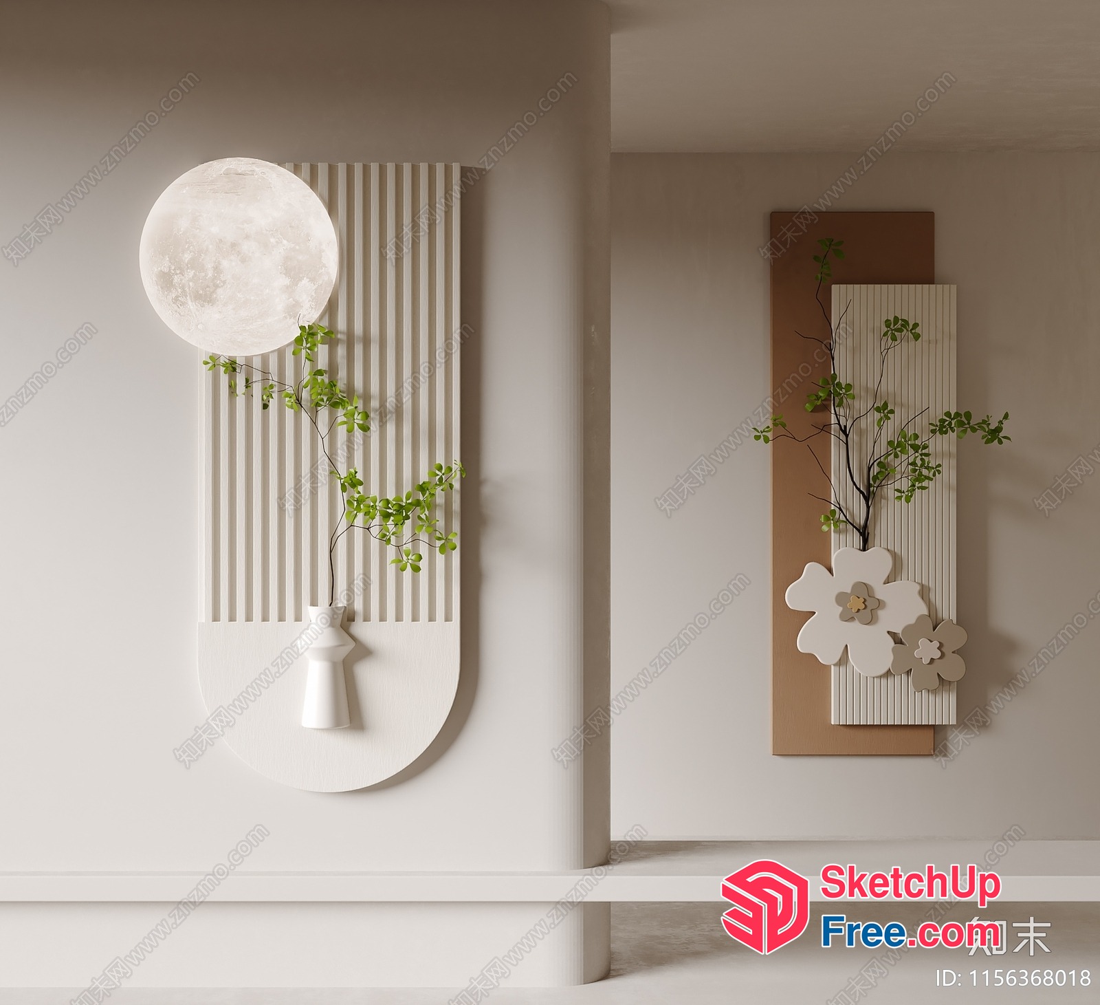Minimalist Japanese Decor With White Moon And Flowers 3D SketchUp File