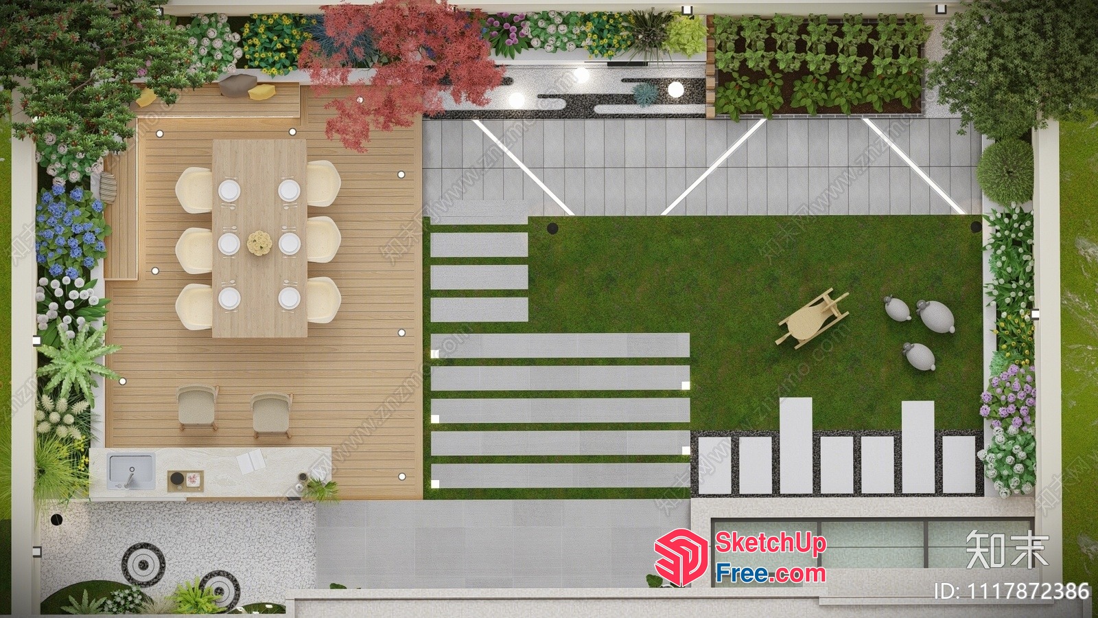 Modern Minimalist Outdoor Space With Wooden Deck And Lush Greenery 3D SketchUp File