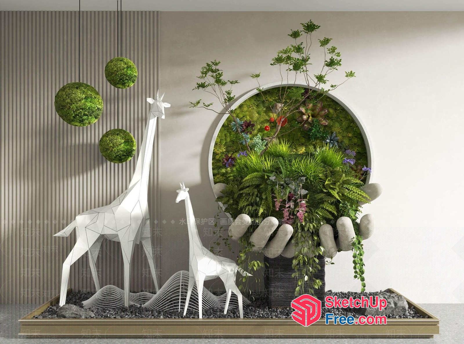 Modern Geometric Animal Decor And Green Wall 3D SketchUp File