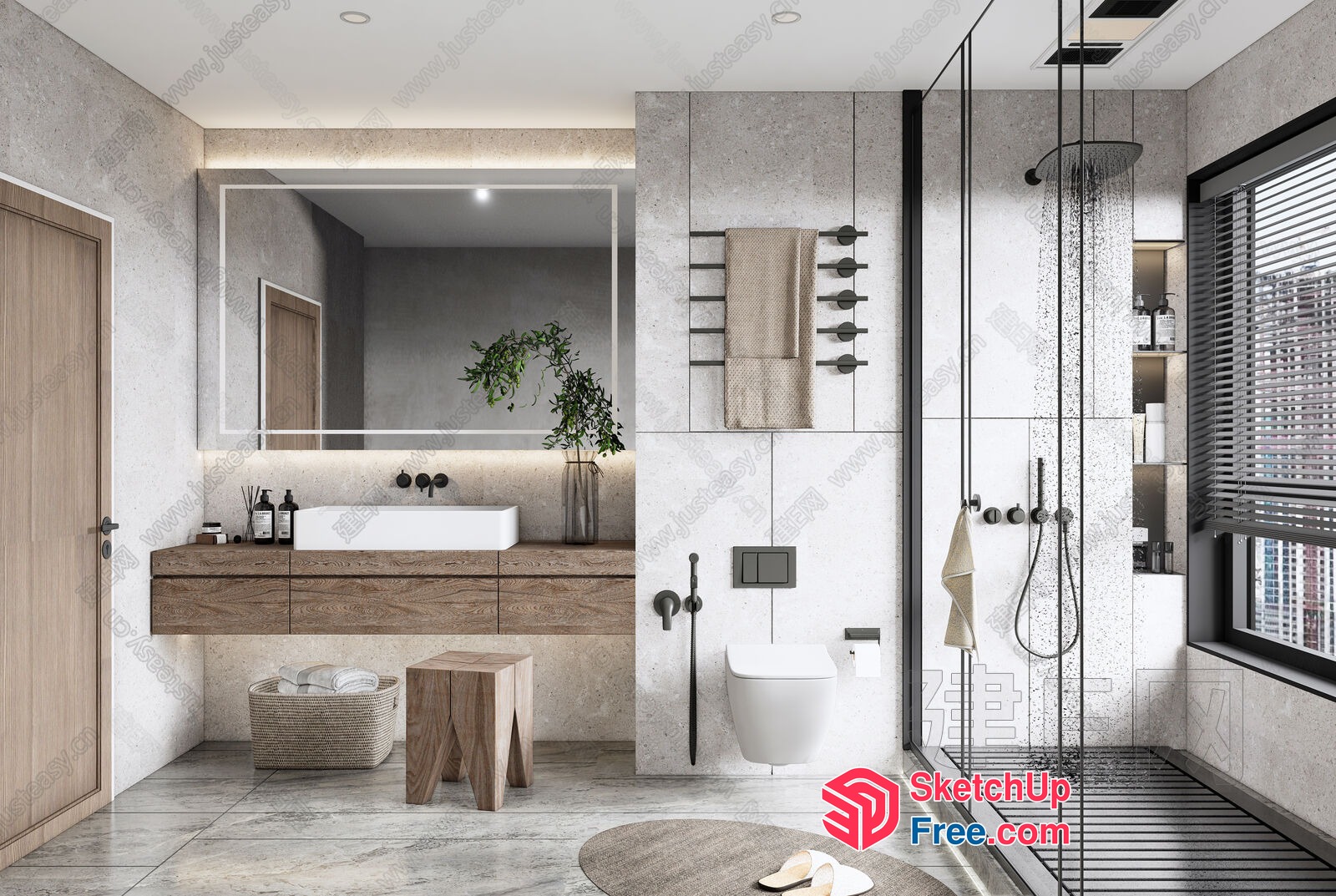 Modern Bathroom With Sleek Fixtures And Natural Elements 3D SketchUp File