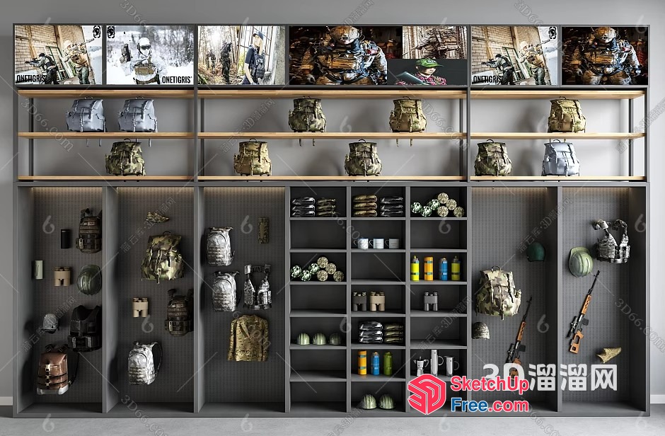 Military-Style Storage Room With Display Shelves And Tactical Gear 3D SketchUp File