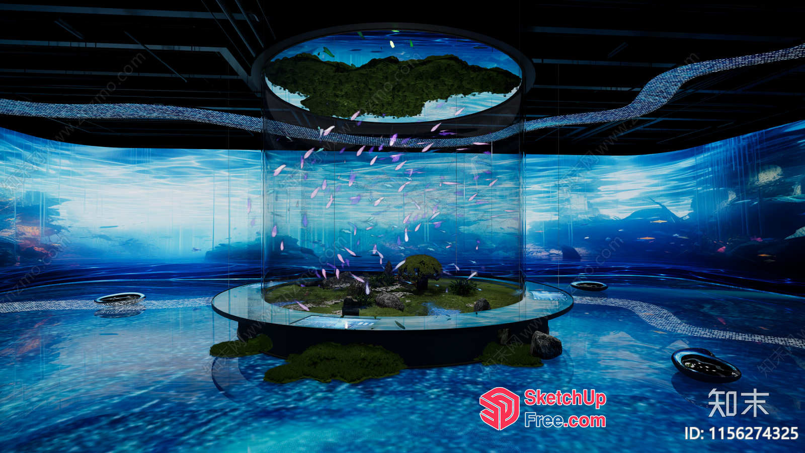Oceanic Aquarium With Glass Walls And Floating Island 3D SketchUp File