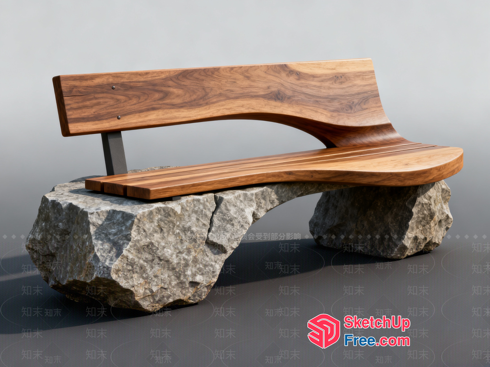Modern Wooden Bench On Natural Stone Base 3D SketchUp File