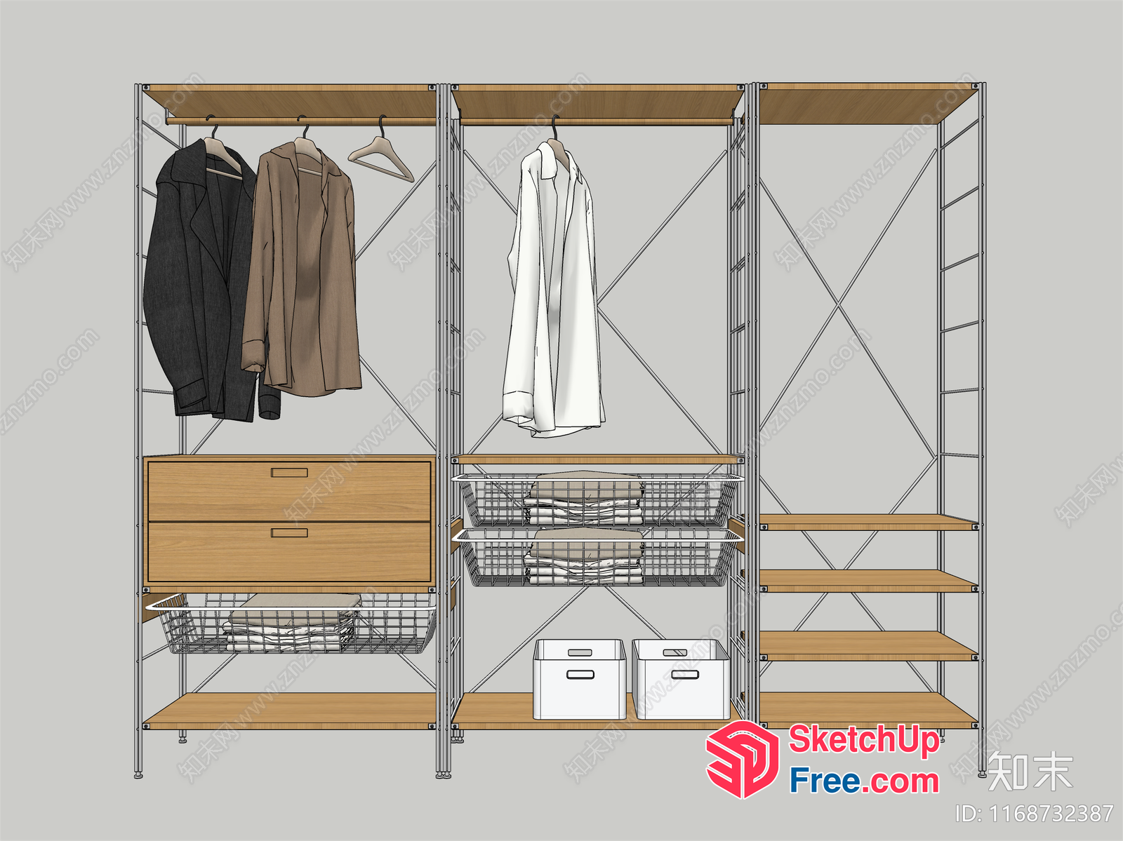 Metal Frame Wardrobe With Wooden Shelves And Baskets 3D SketchUp File