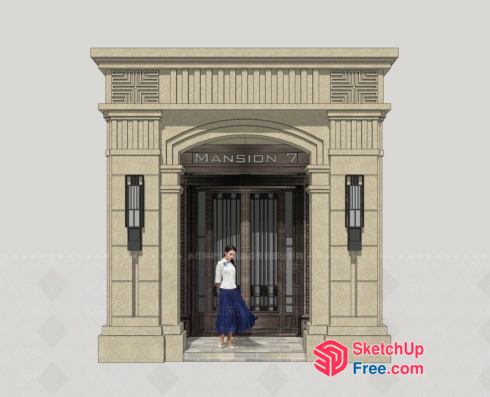 Elegant Entrance With Ornate Pillars And Door 3D SketchUp File