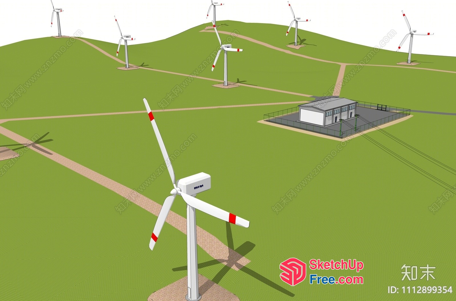 Wind Farm With Modern Wind Turbines And Control Center 3D SketchUp File