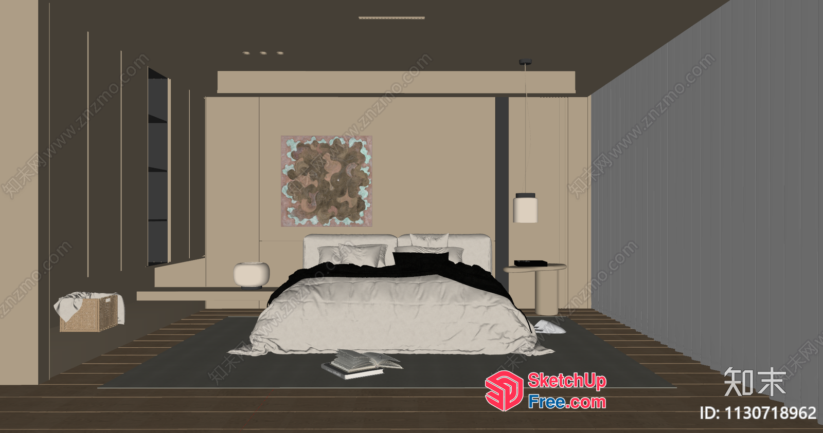 Minimalist Bedroom Interior With Bed, Nightstand, And Artwork 3D SketchUp File
