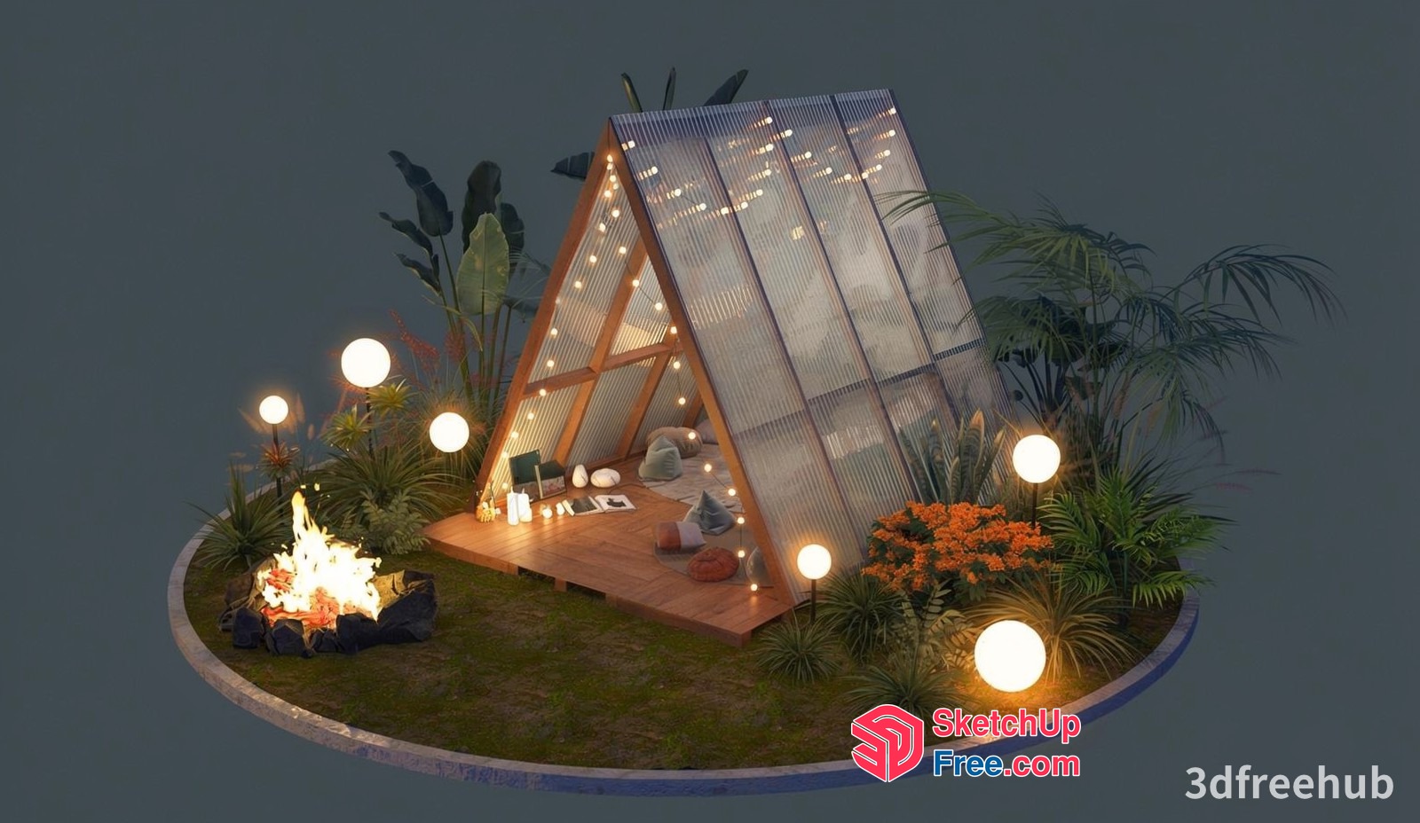 Cozy A-Frame Cabin With Fireplace And Outdoor Seating 3D SketchUp File
