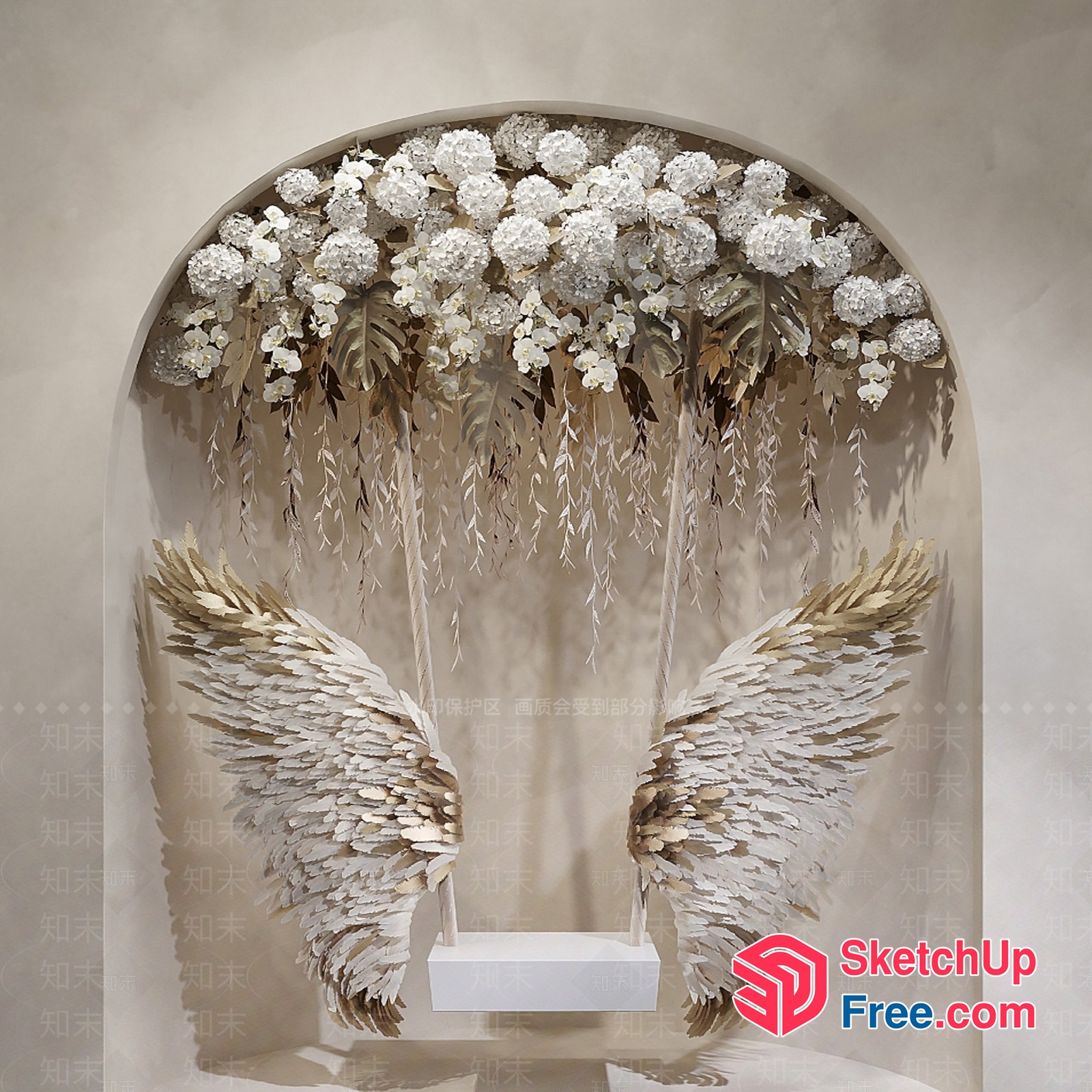 Elegant Angel Wings Swing With White Flowers And Leaves 3D SketchUp File