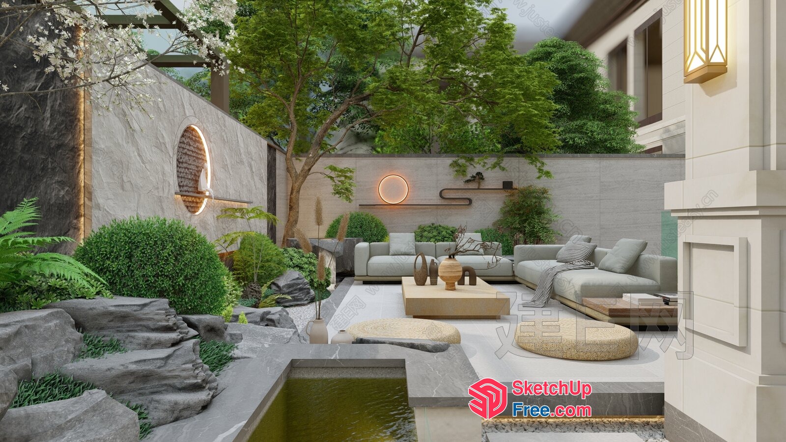 Serene Japanese-Style Garden With Modern Living Room 3D SketchUp File