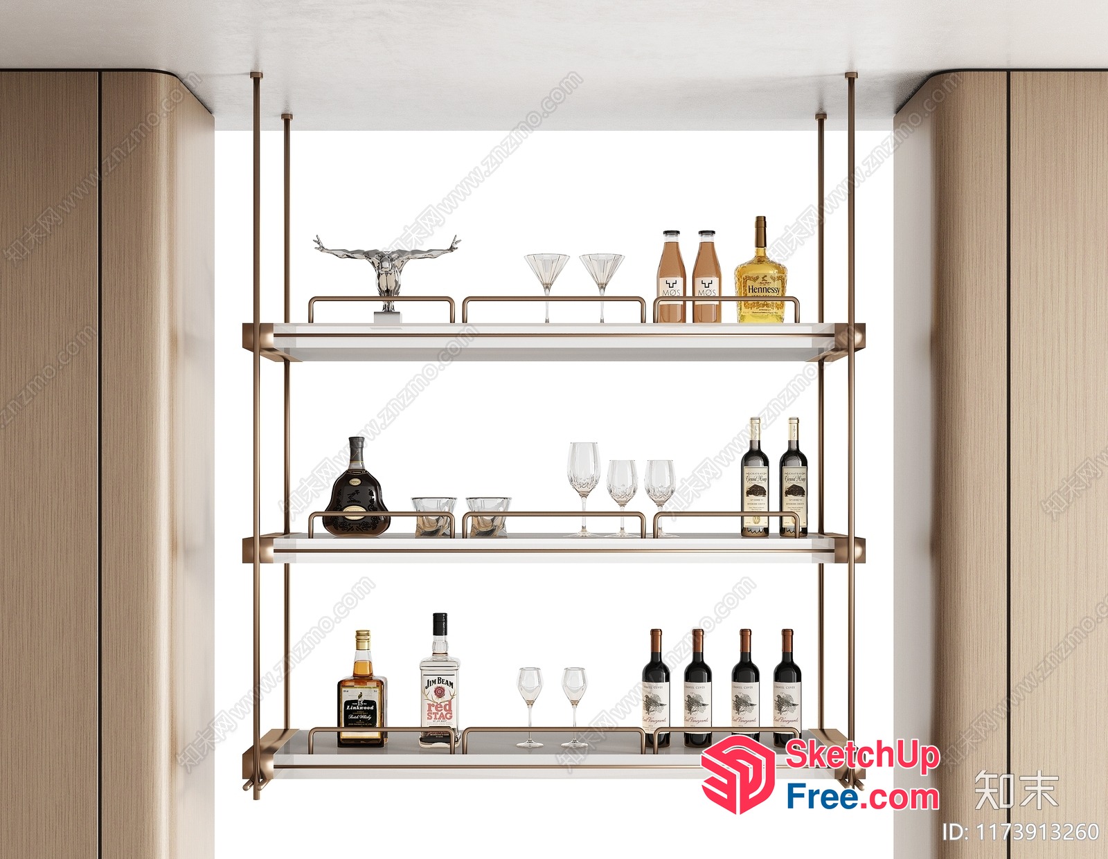 Modern Bar Shelving Unit With Wine Bottles And Glasses 3D SketchUp File