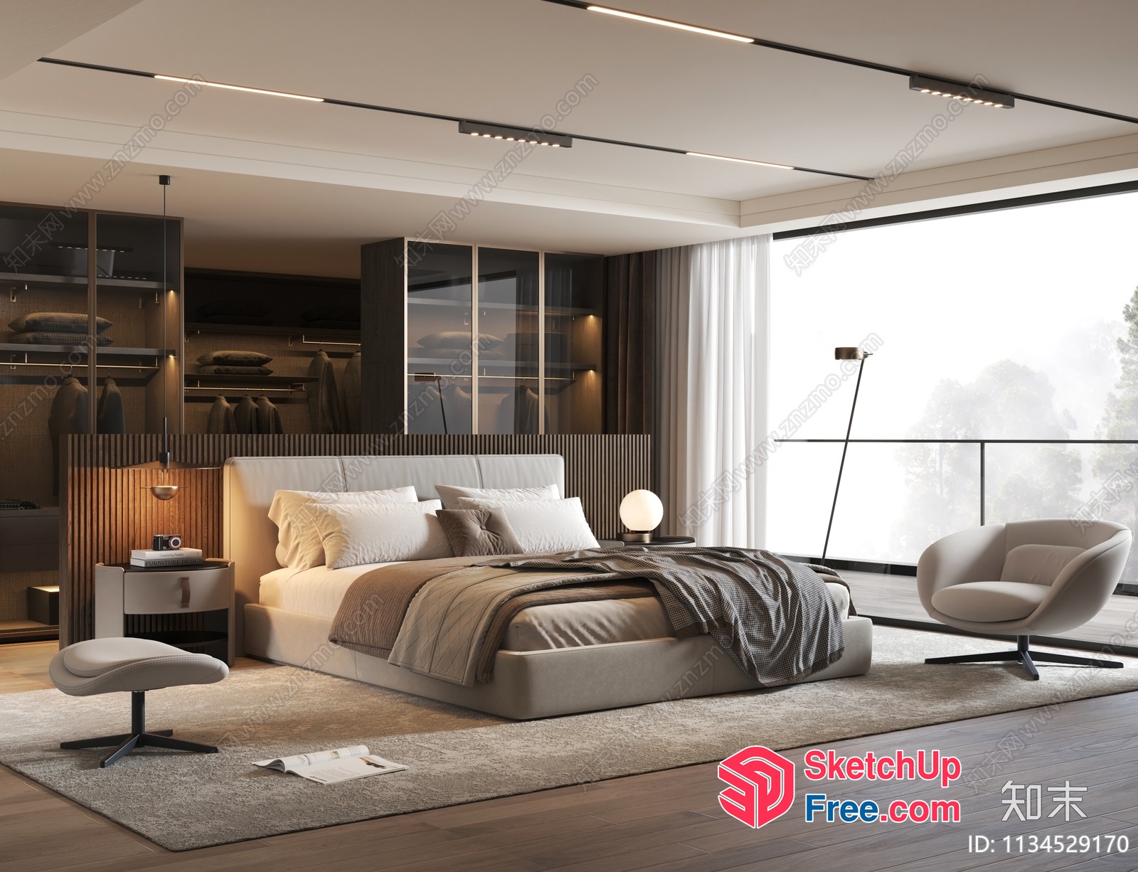 Modern Minimalist Bedroom With Sleek Furniture And Large Window 3D SketchUp File