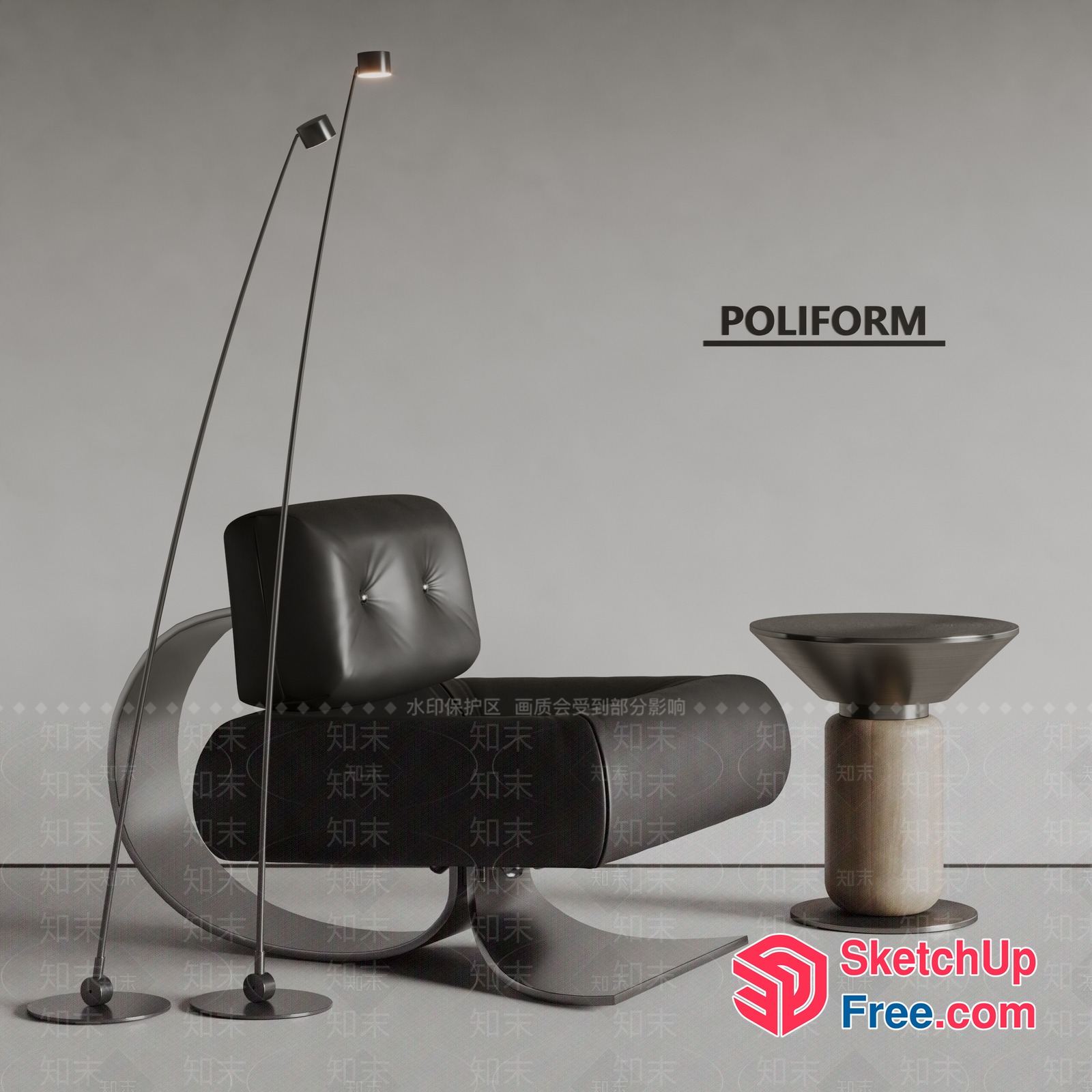 Modern Minimalist Black Leather Chair And Floor Lamp 3D SketchUp File