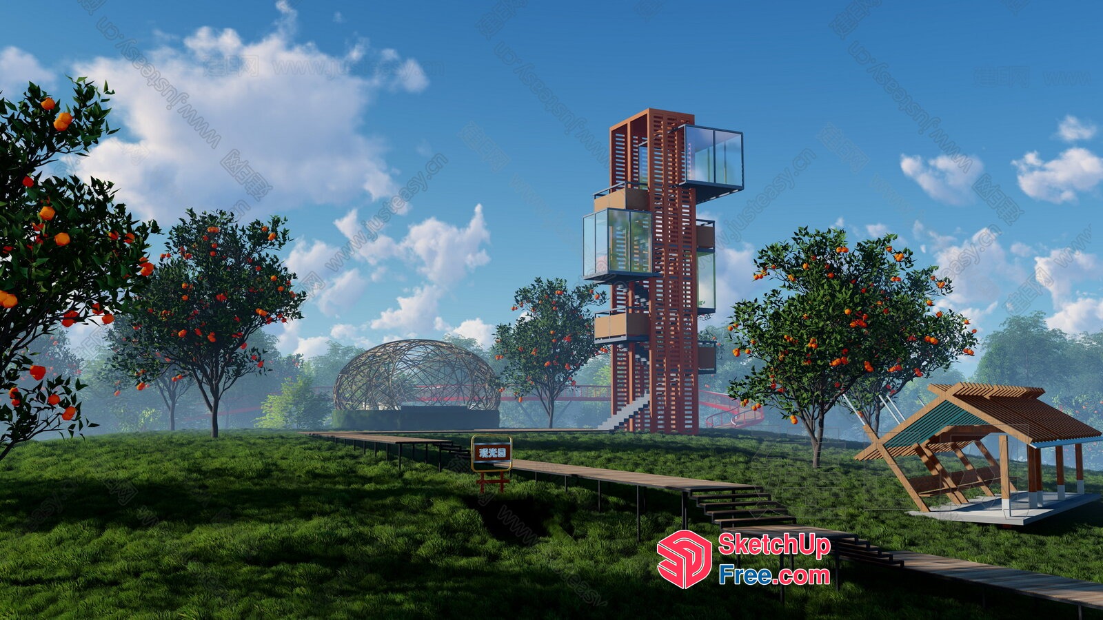 Modern Glass And Wood Tower In A Serene Park 3D SketchUp File