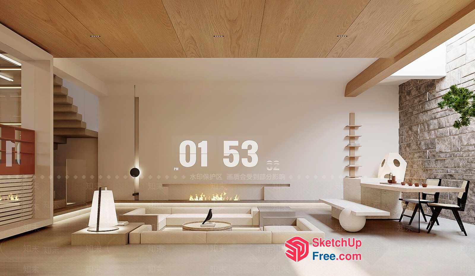 Modern Minimalist Living Room Interior With Fireplace And Stairs 3D SketchUp File