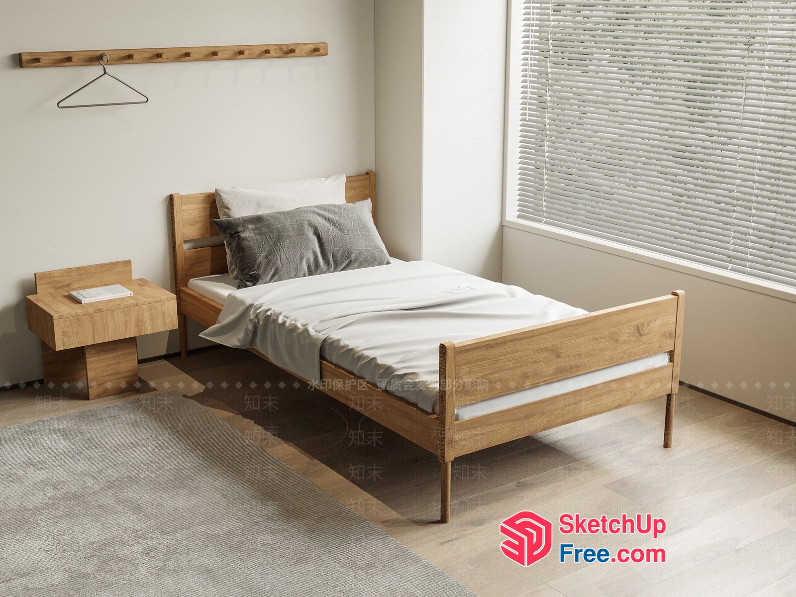 Modern Minimalist Wooden Bed And Nightstand Setup 3D SketchUp File
