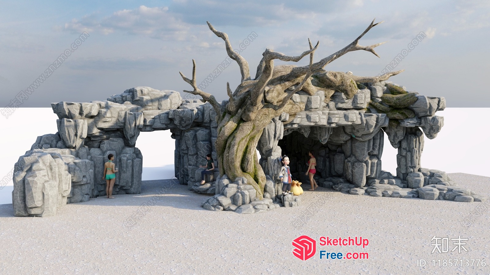 Ancient Stone Structure With Tree And People 3D SketchUp File