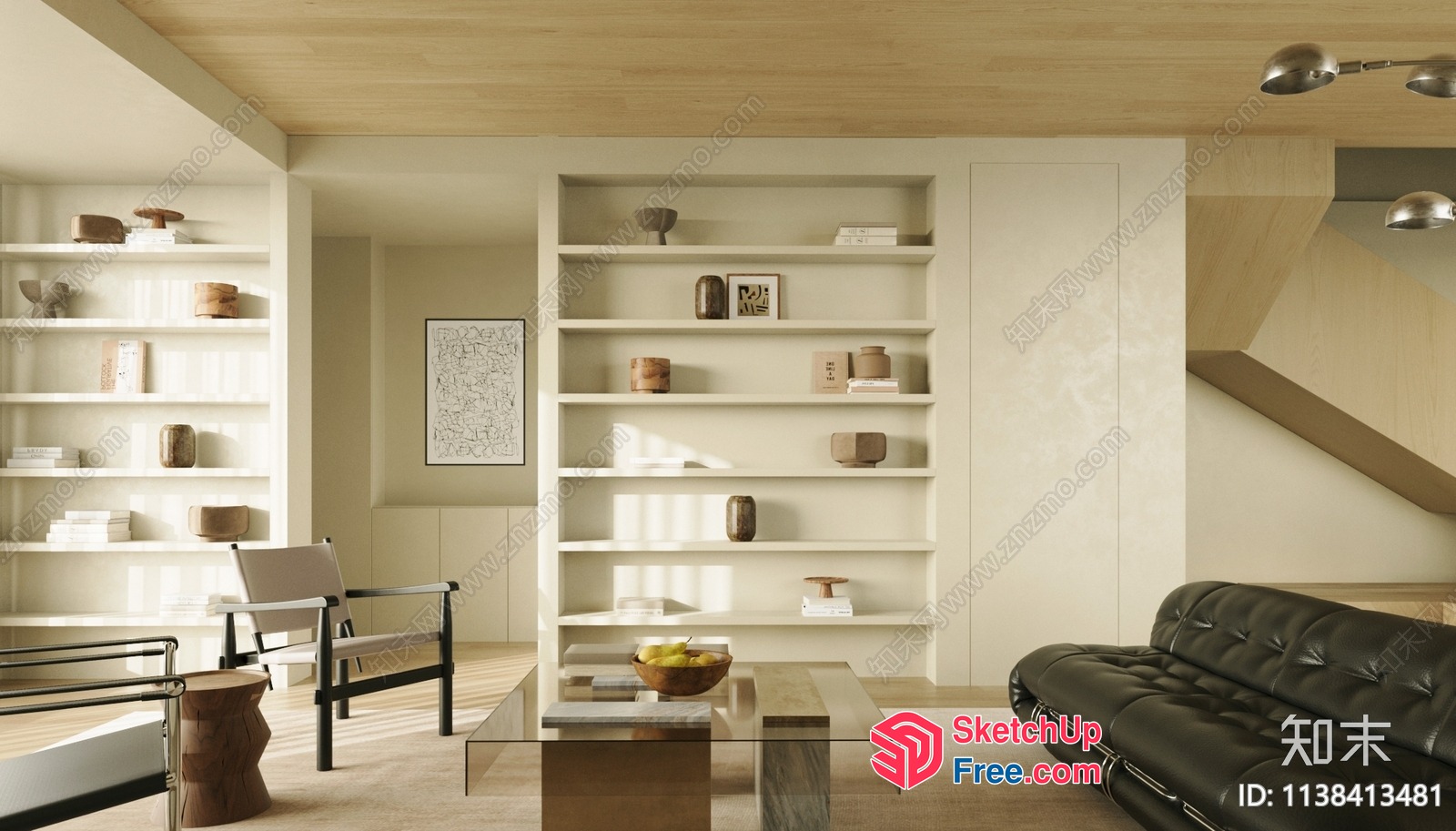 Minimalist Living Room With White Walls And Wooden Ceiling 3D SketchUp File