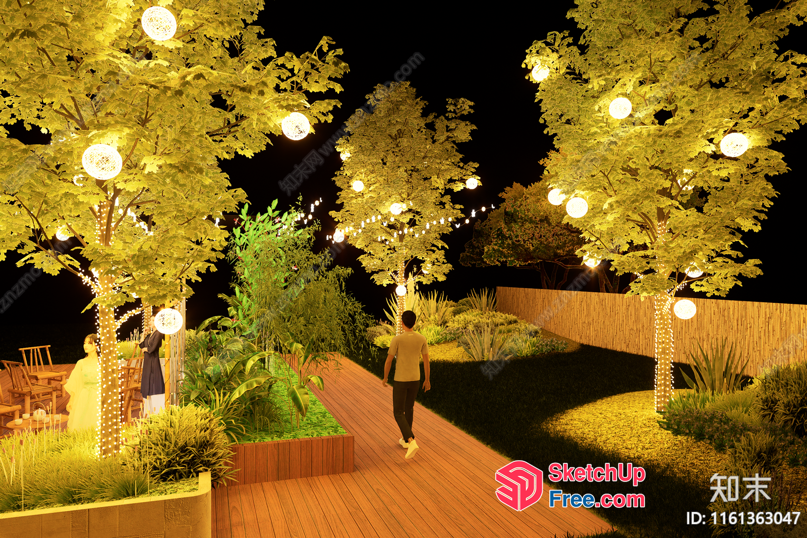 Serene Outdoor Space With Trees And Illuminated Decorations 3D SketchUp File