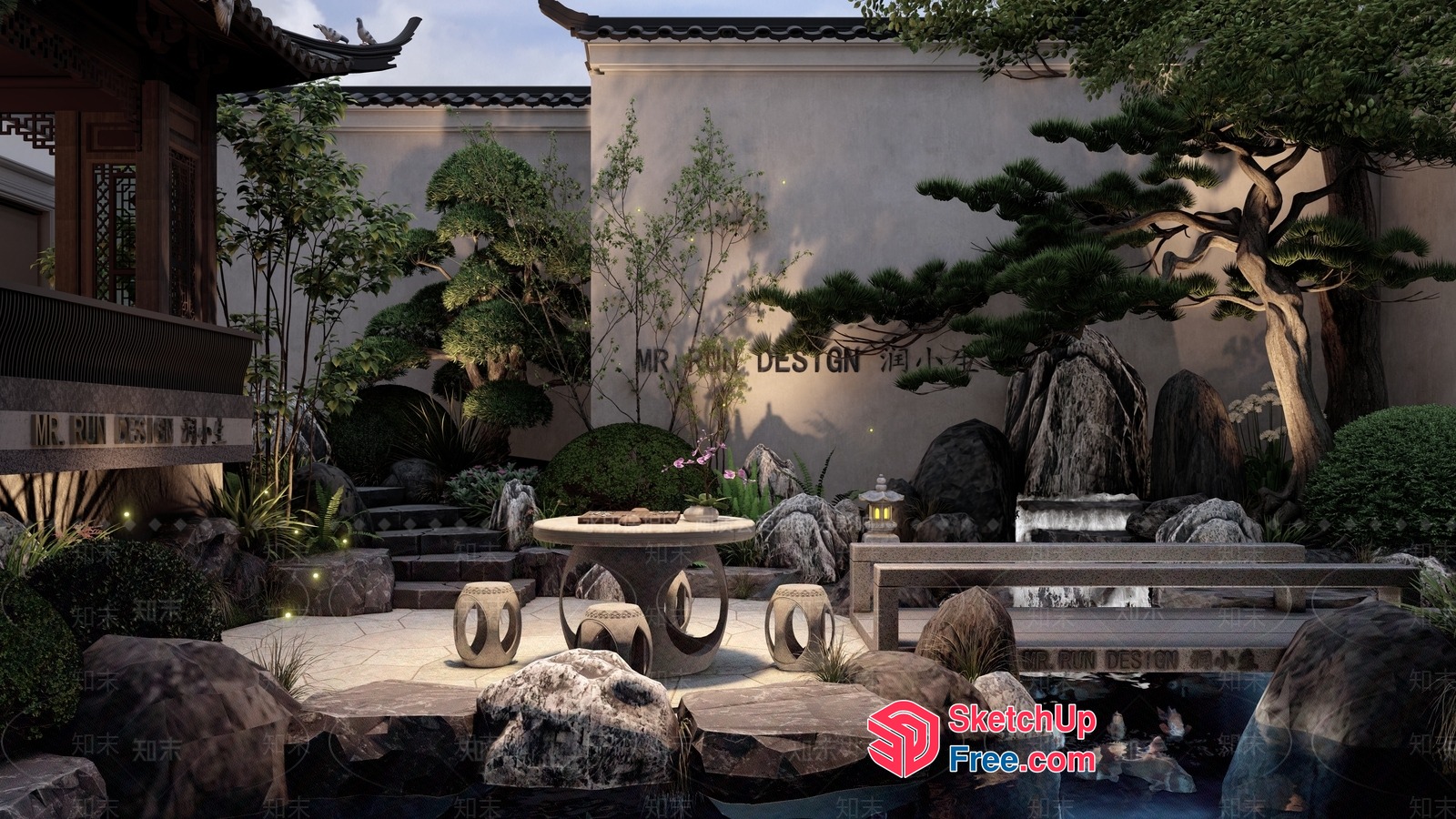 Asian-Inspired Courtyard Scene With Water Feature 3D SketchUp File