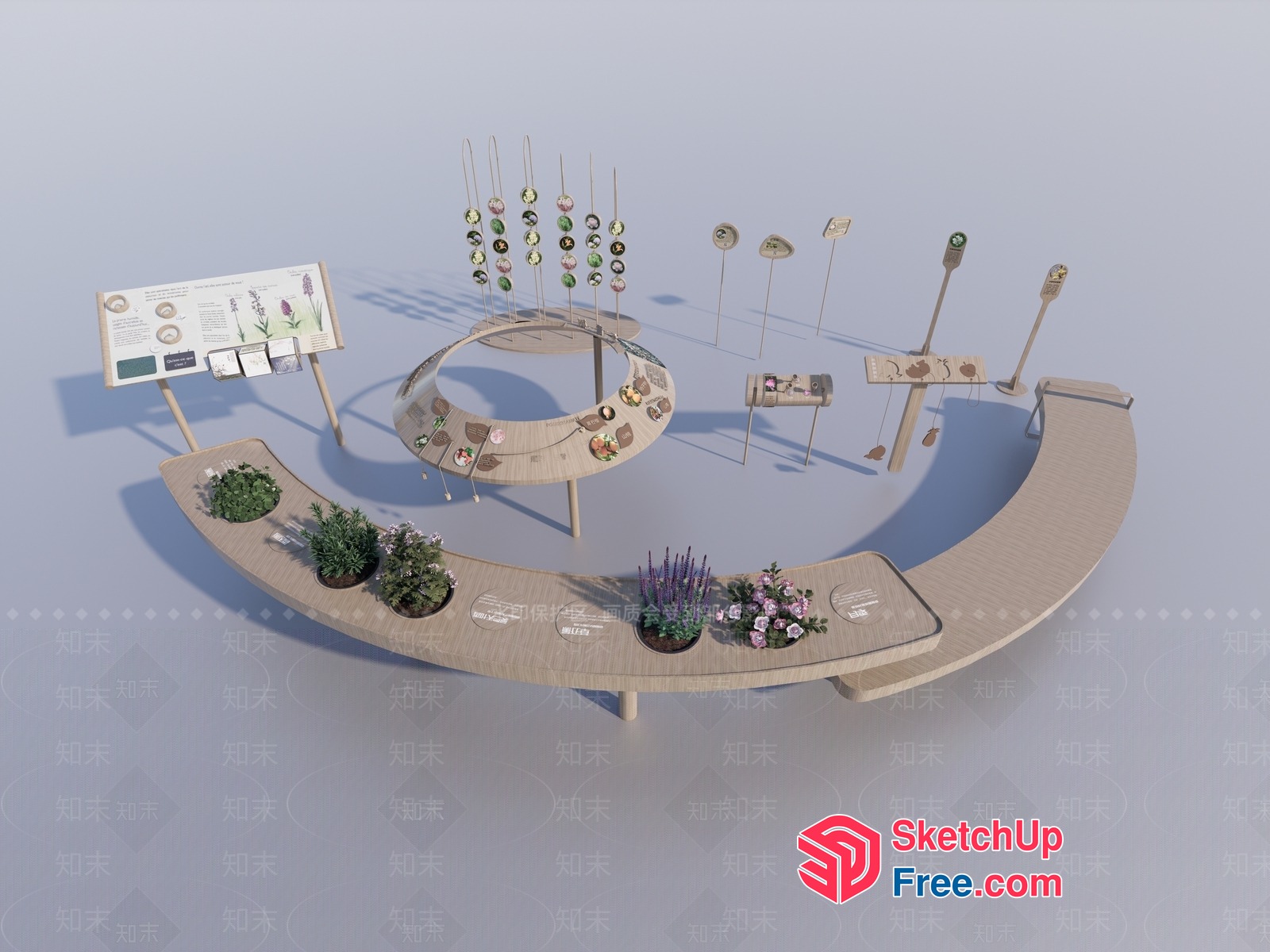 Curved Wooden Display Stand With Potted Plants And Decorative Elements 3D SketchUp File