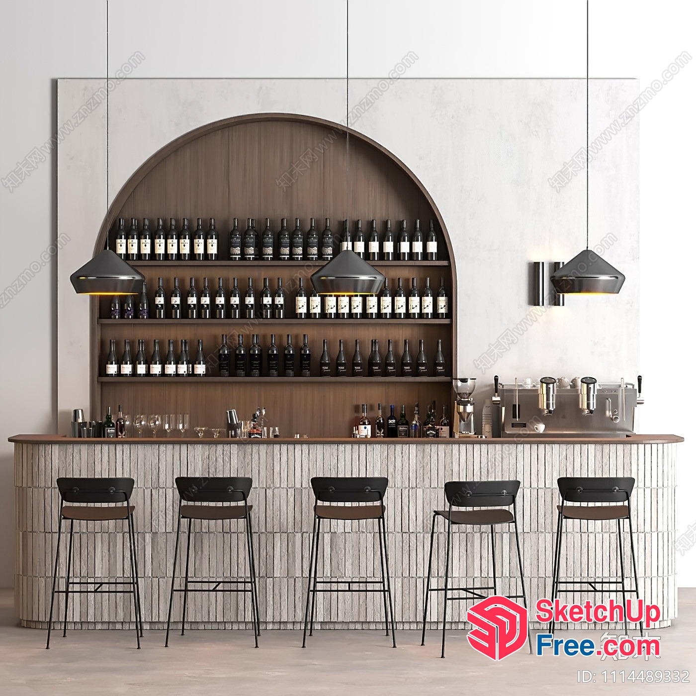 Modern Bar Interior With Wine Bottles And Stools 3D SketchUp File