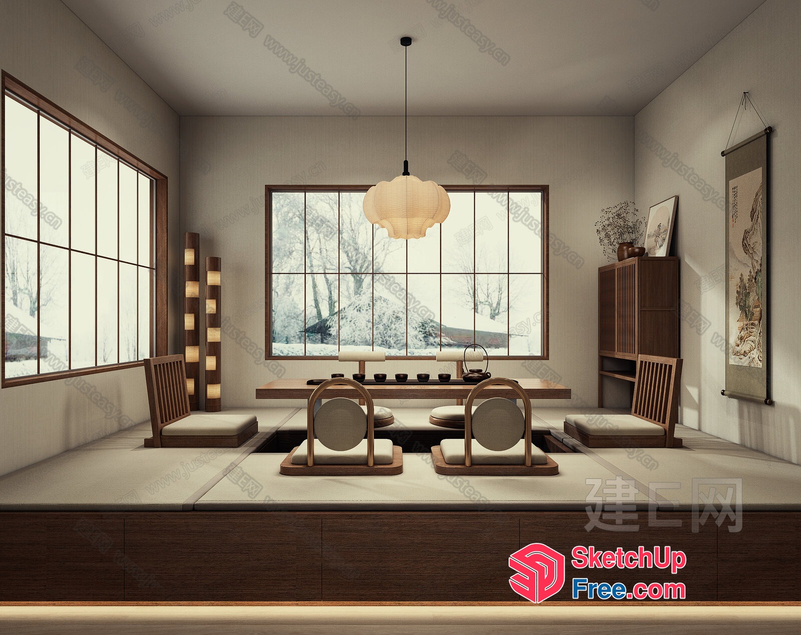Elegant Japanese-Style Dining Room With Natural Light And Minimalist Decor 3D SketchUp File